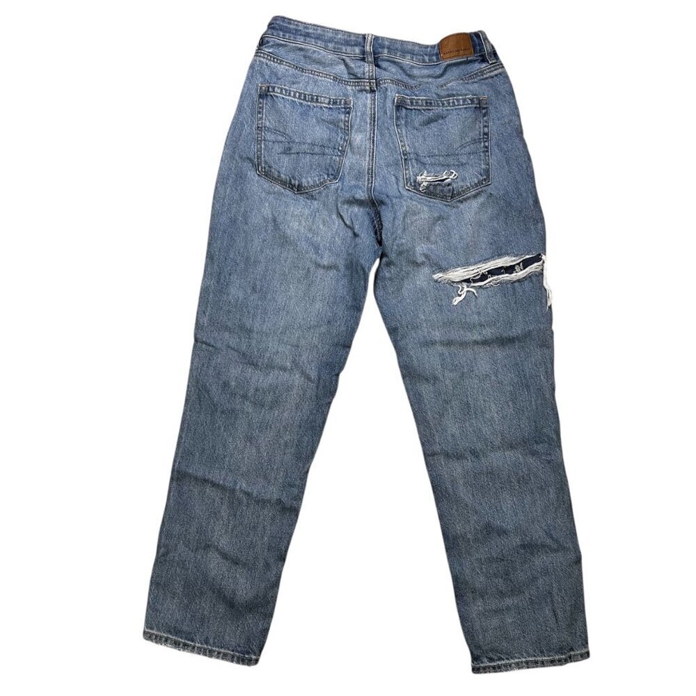 American Eagle Outfitters Women's Straight Leg Patchwork Distressed Blue Jeans - Picture 2 of 6